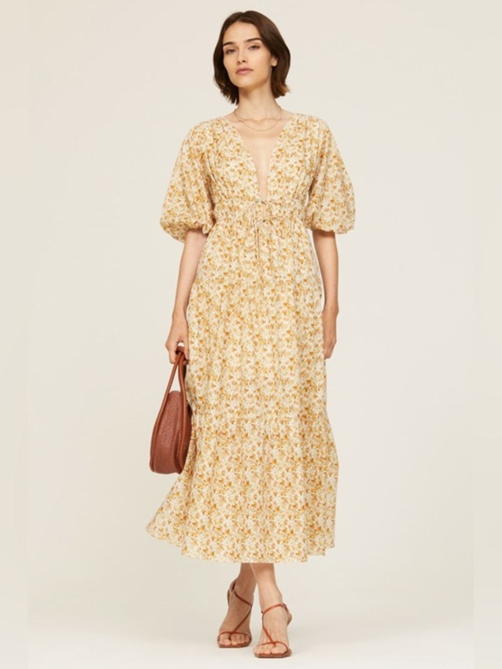 Significant Other Adele Cotton Dress Deep-V Floral Print Smocked Waist Size 6